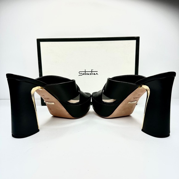 Sebastian Black Nappa Leather Strappy Sandals Size 38 EU Gold Block Heel Women's - Picture 6 of 10